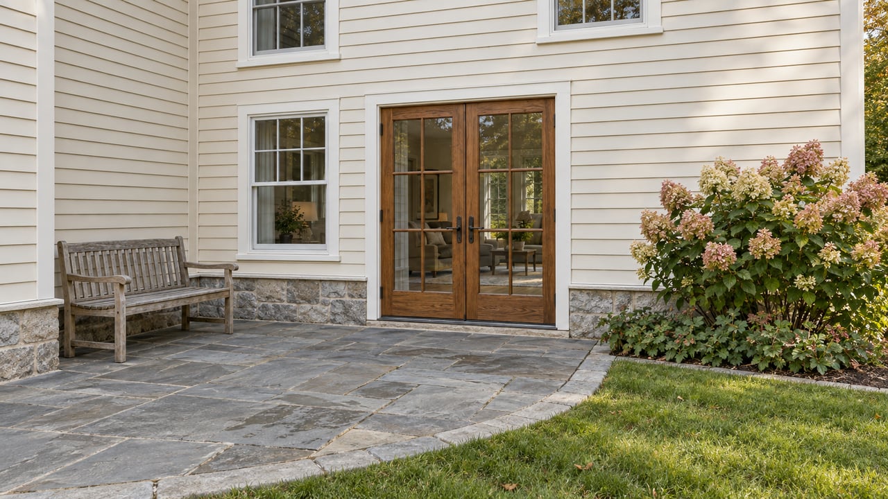 Garden-facing home with off-white clapboards, oak French doors, a bluestone terrace, and autumn hydrangea flowers.