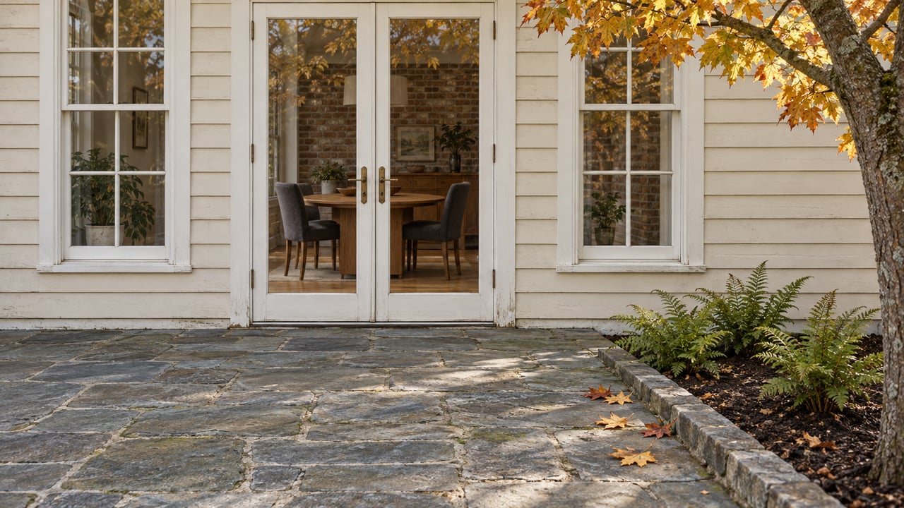 Pale clapboard country home with glazed double doors opening visually onto an oak dining table, bordered by a weathered stone terrace and autumn maple.