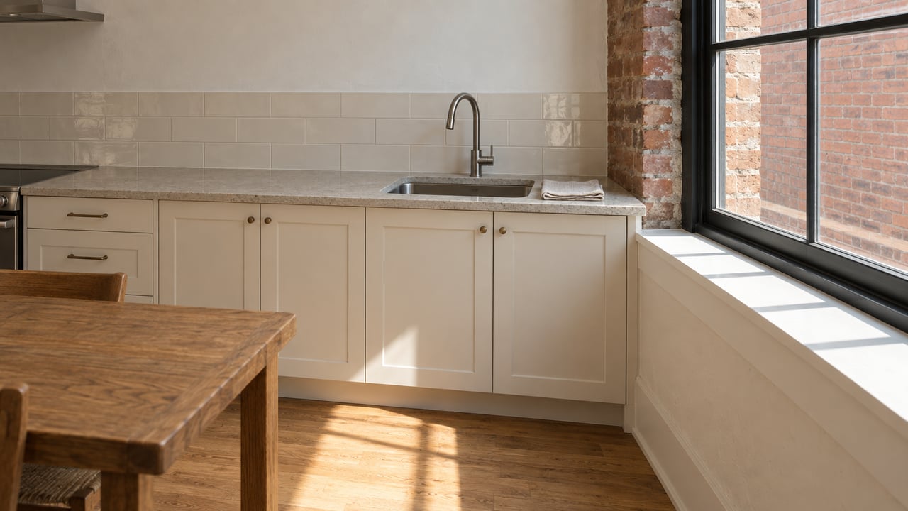 Sunlit compact kitchen with cream cabinets, limestone counter, warm oak flooring and a tall black-framed window set into weathered brick.