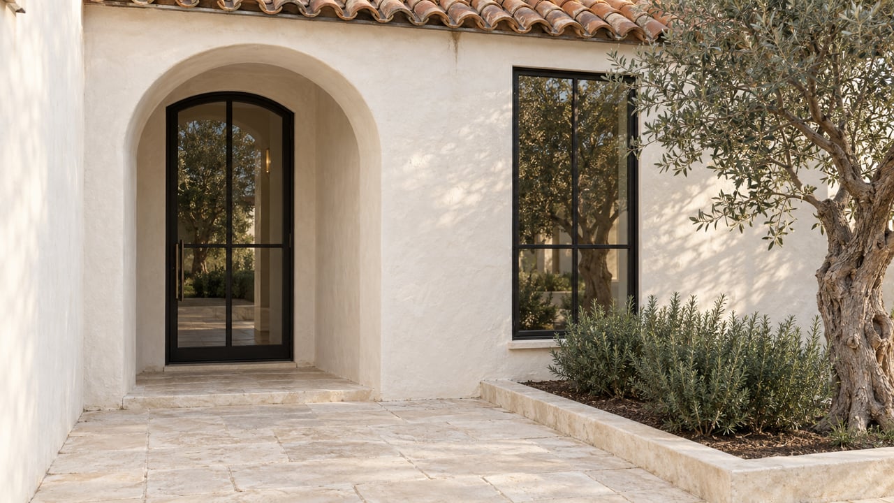 Warm-white stucco home with an arched glazed entry, tiled roof, limestone paving, and an olive tree.