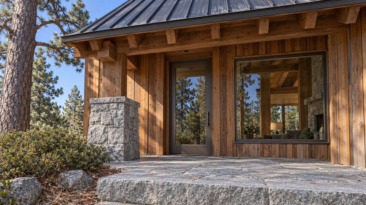 Timber and granite home entry beneath a steep metal roof, with bronze-framed glazing and a mature Jeffrey pine.