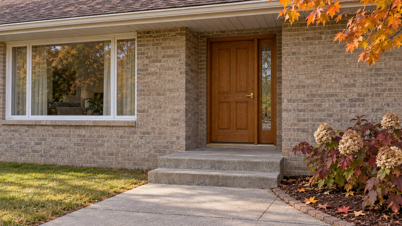 Autumn light on a brick ranch entrance with an oak door, white-framed window, concrete steps and burgundy oakleaf hydrangeas.