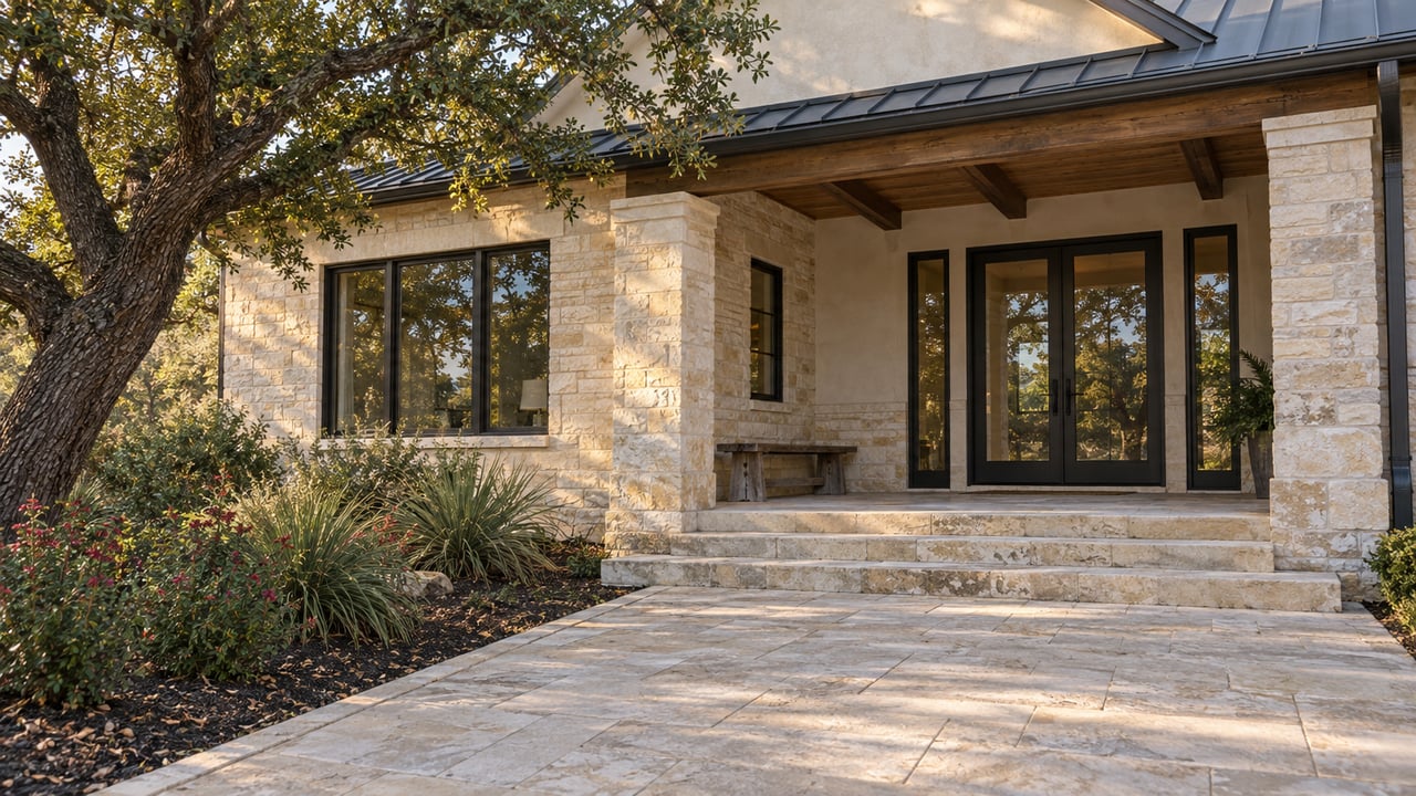 Warm afternoon light on a pale limestone home with a timber-covered entry, black-framed glass doors, and an oak beside a stone approach.