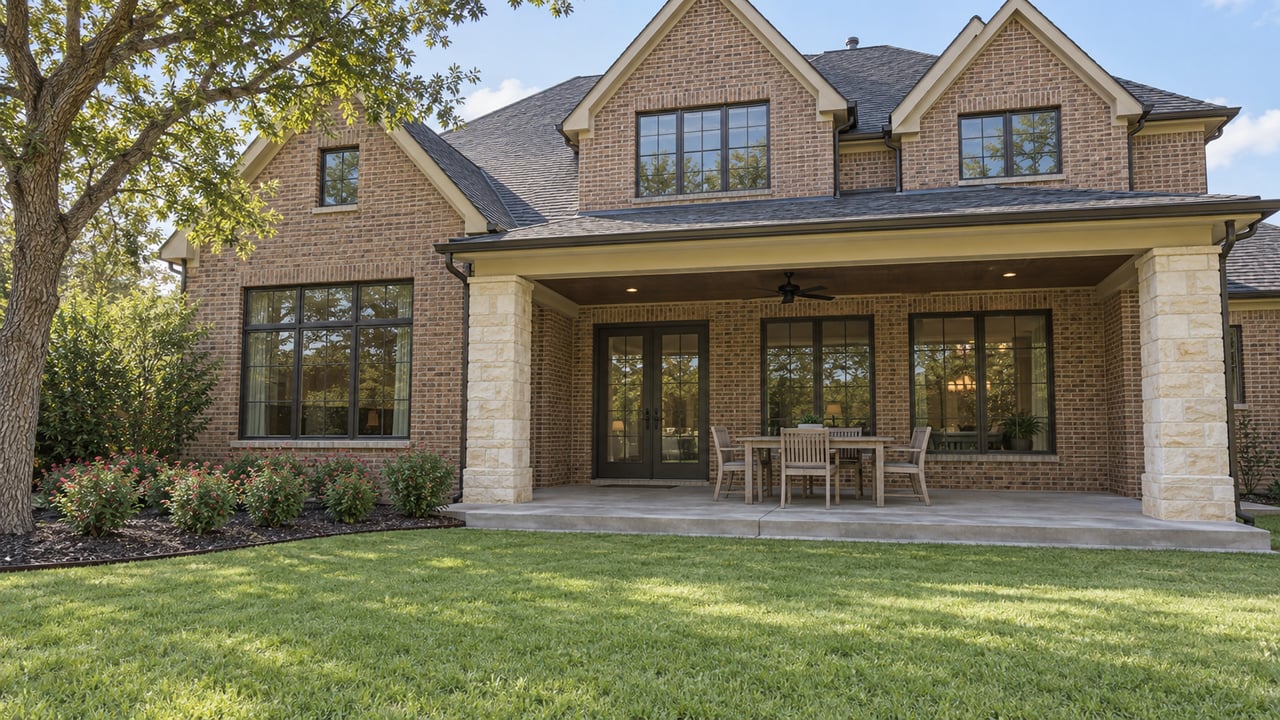Brick home with steep gables, a covered limestone-column terrace, teak dining furniture and a deep lawn beneath a mature bur oak.