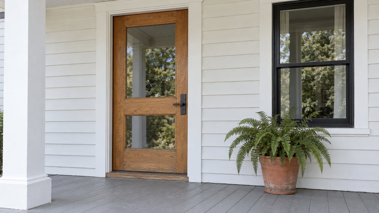 White-clad home entry with an oak glazed door, black-framed window, gray porch boards, and a potted fern.