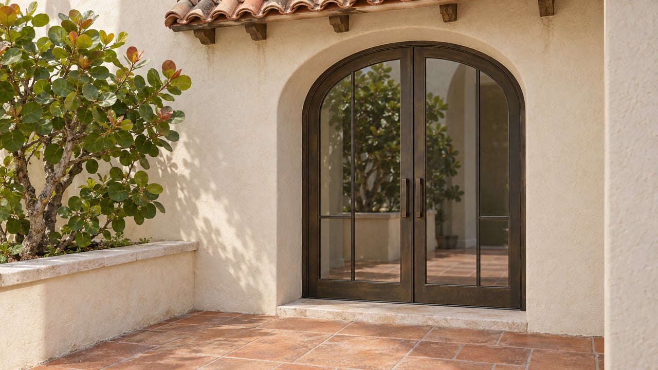 Sunlit terracotta entry terrace with a pale stucco arch, bronze-framed glass doors and a sea grape in a raised planter.
