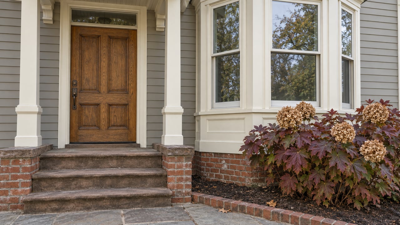 Oak entrance door and ivory-trimmed bay window above worn brownstone steps, with burgundy oakleaf hydrangea beside an aged brick foundation.