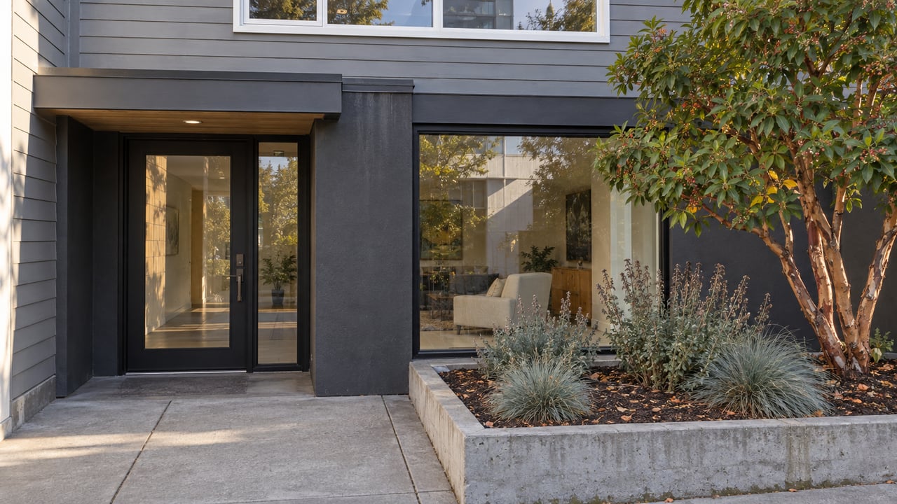 Gray condominium entrance with black-framed glazing, a concrete approach, and a raised planter containing a sculptural strawberry tree.