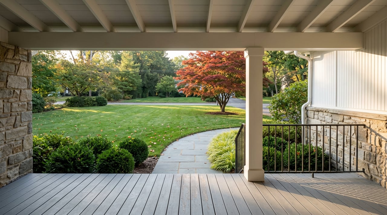 Covered porch overlooking a lawn, curved bluestone path, and red-orange maple, with stone veneer and black iron railing.