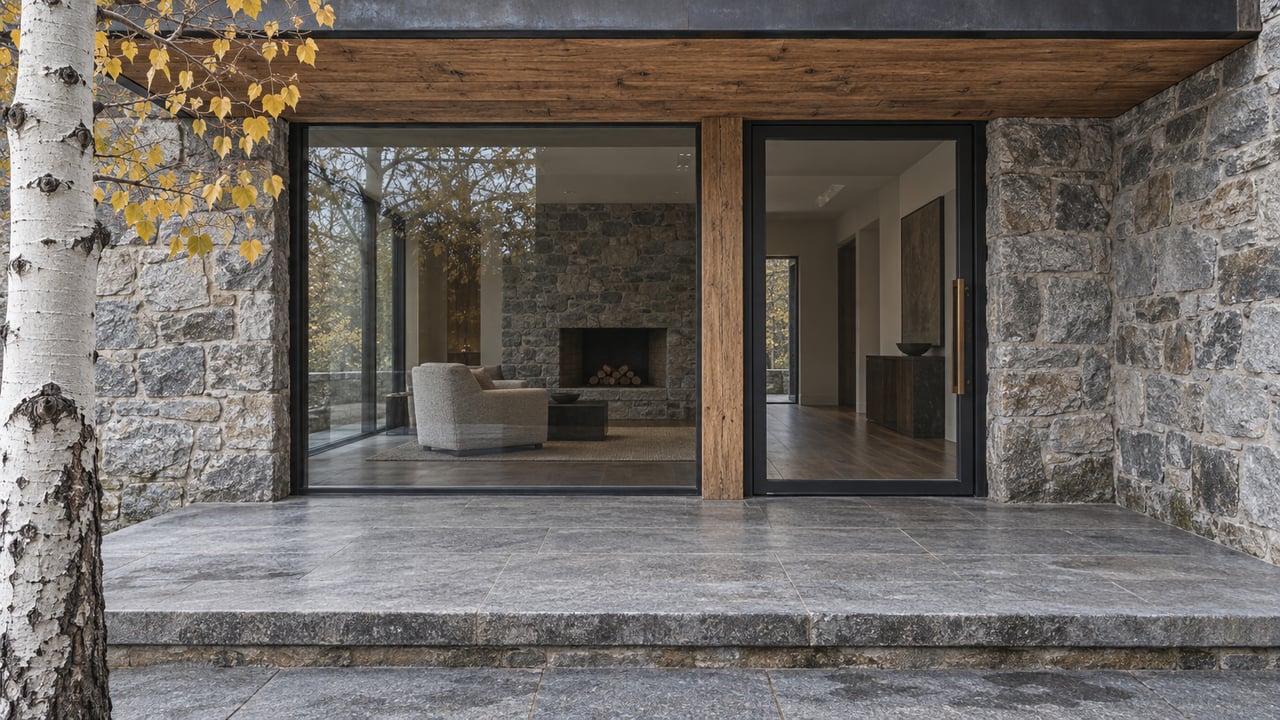 Close exterior view of a timber-canopied residential entry with gray stone masonry, dark-framed glass and a worn granite landing beside a white-barked aspen.