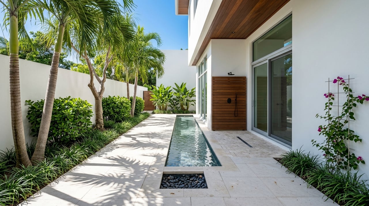 Luxury coastal courtyard with an outdoor shower beside a narrow reflecting rill.