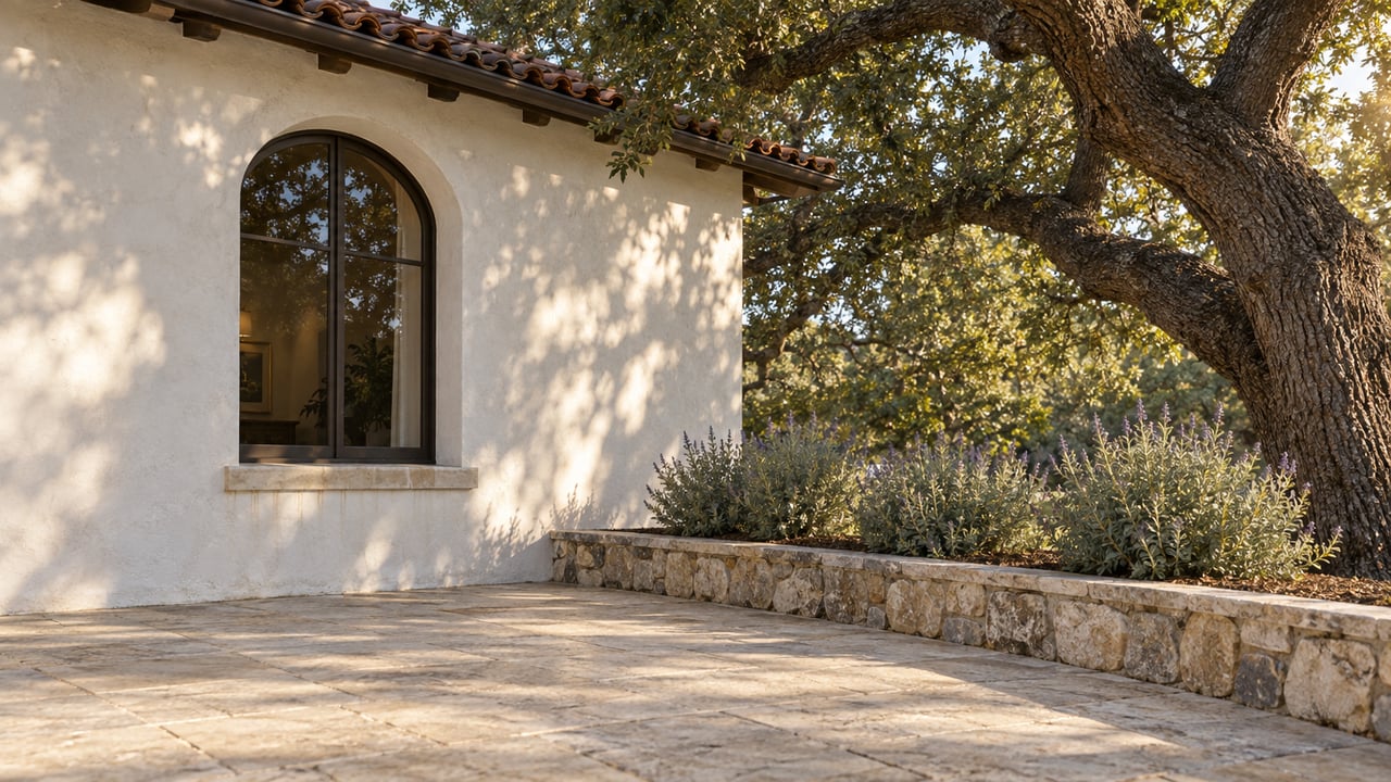White stucco house corner with an arched window beside an oak tree and limestone terrace.