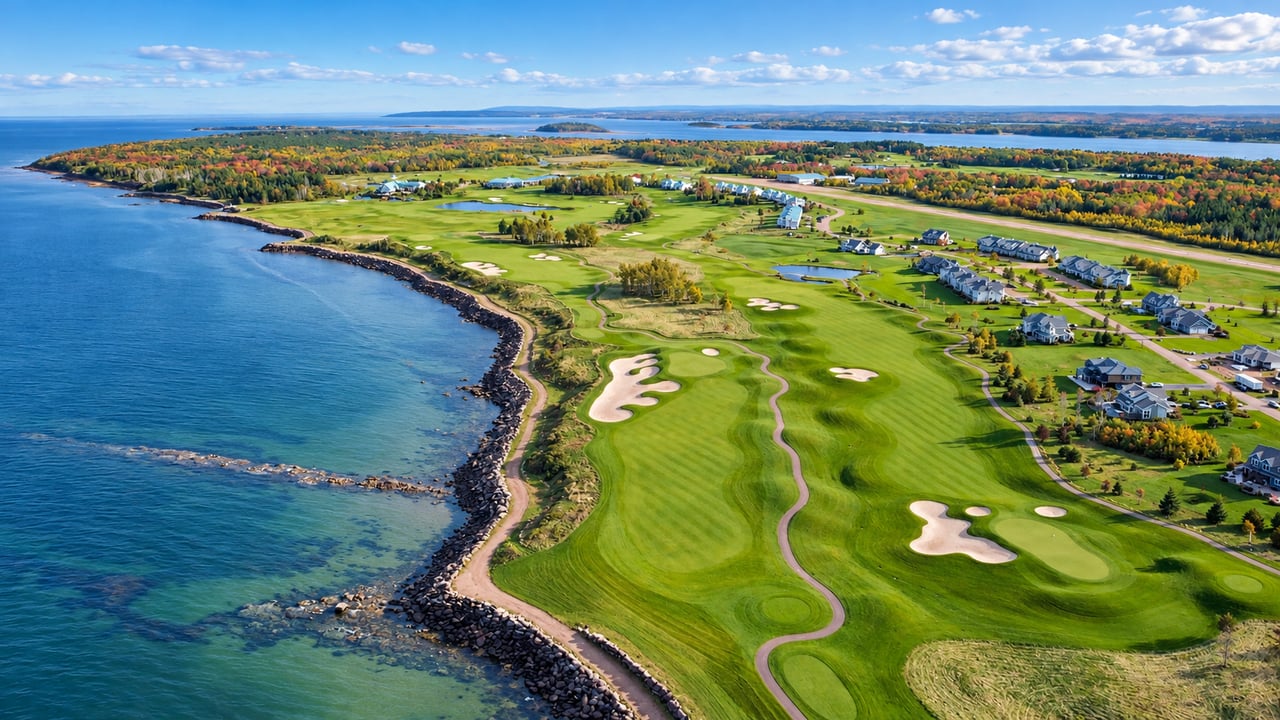 Coastal golf course with waterfront fairways and homes along the course.