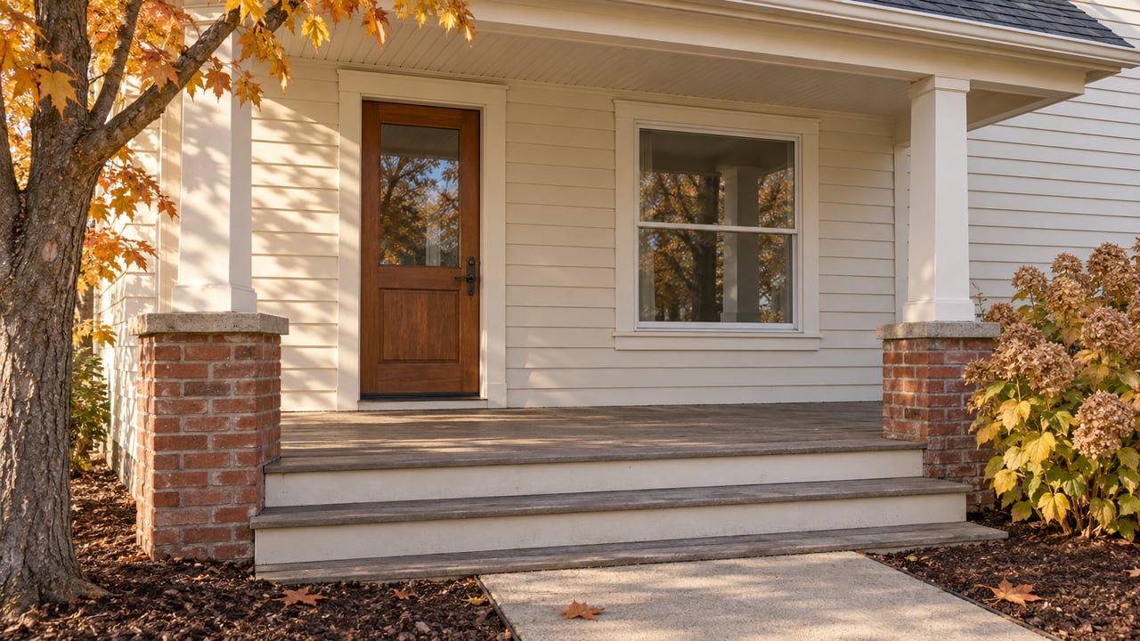 Autumn light on a cream clapboard home's covered porch, wood front door, brick plinths, and weathered steps.