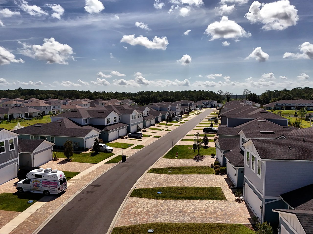 Aerial view of a residential neighborhood with rows of homes along a central street.