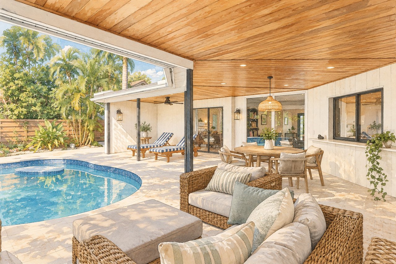 Covered patio with wicker seating and dining area beside a curved swimming pool and tropical landscaping.