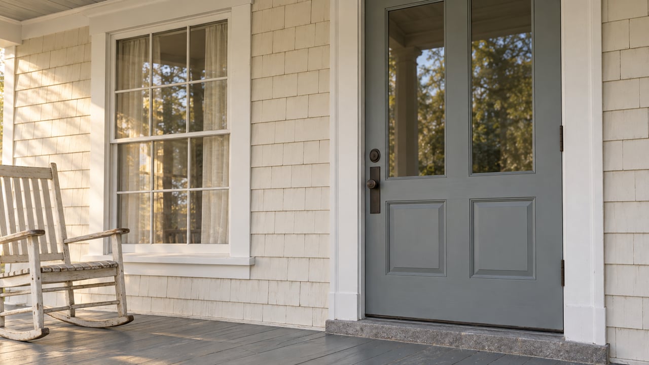 Close view of an ivory-shingled home's sheltered entry, with a glazed door, tall sash window, gray porch boards and one cream rocking chair.