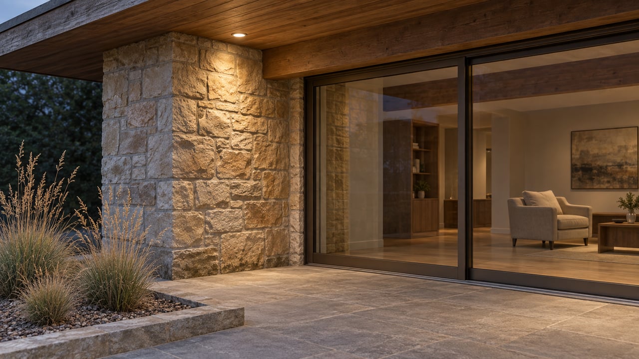 Evening light on a sandstone terrace, timber overhang and closed glass doors beside three tawny grass clumps.