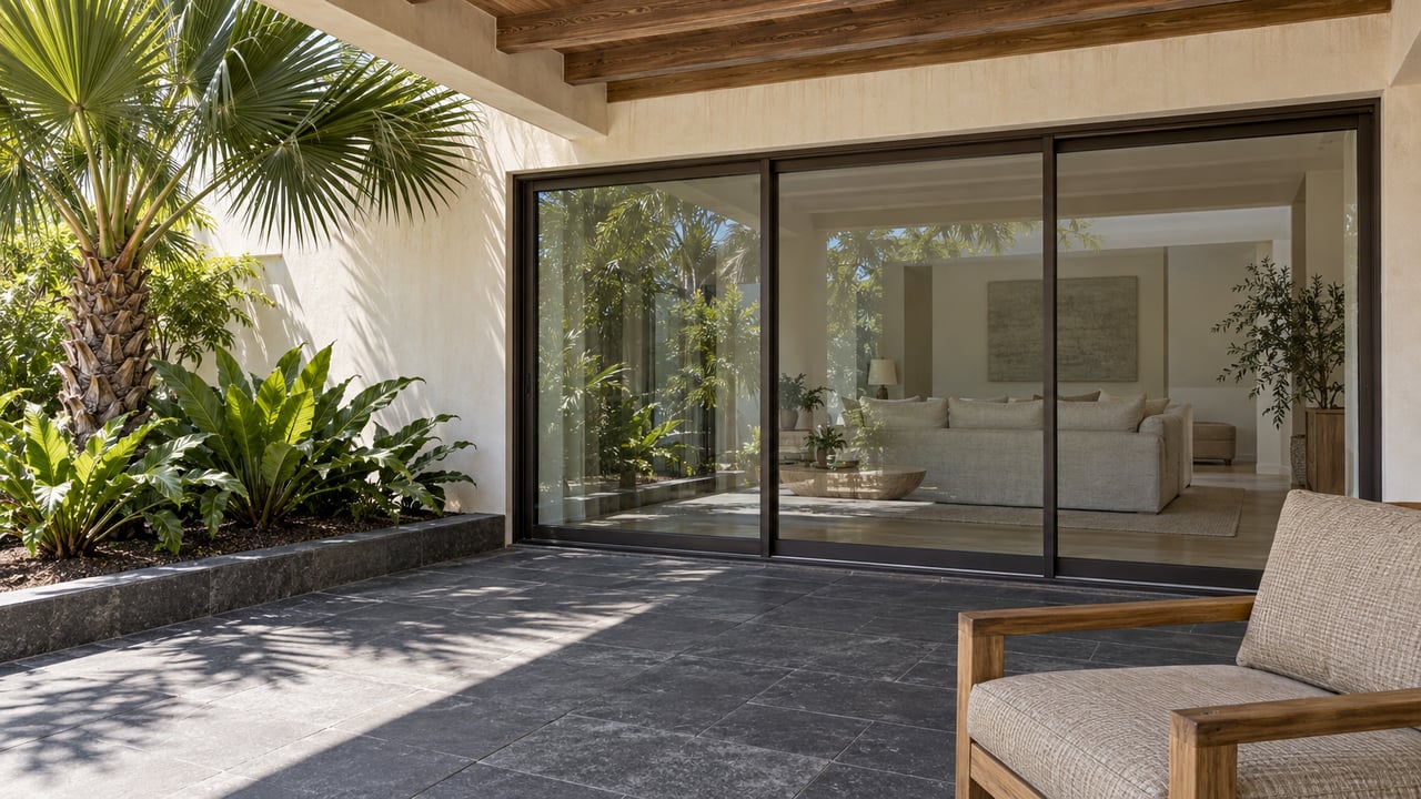 A shaded terrace with basalt paving, a teak lounge chair and a glass-enclosed living room beside a fan palm and bird’s-nest ferns.