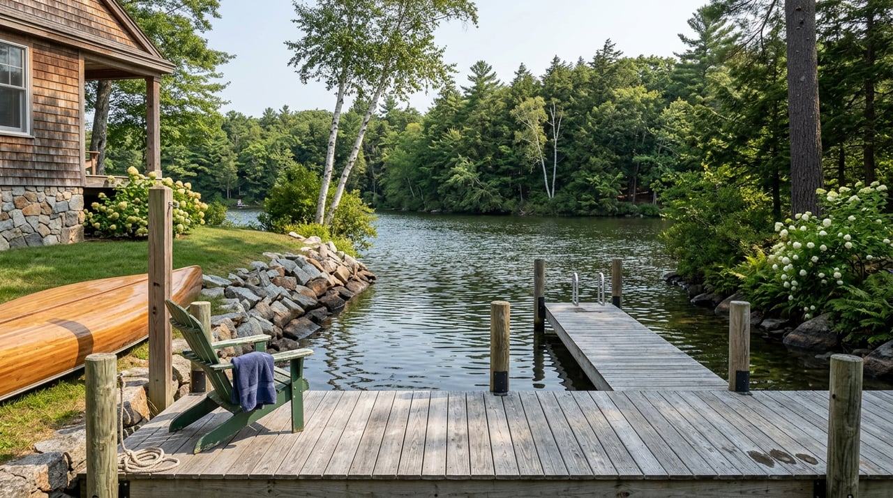Weathered dock with a faded green Adirondack chair and cedar-strip canoe beside a sheltered, tree-lined cove.