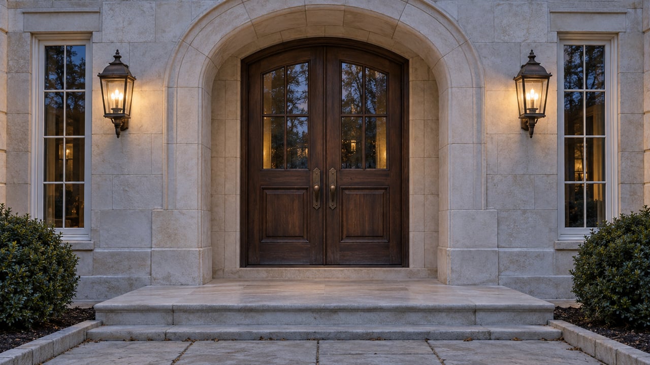 Cream limestone arched entrance with paired dark oak doors, bronze lanterns, and shallow stone steps at blue hour.