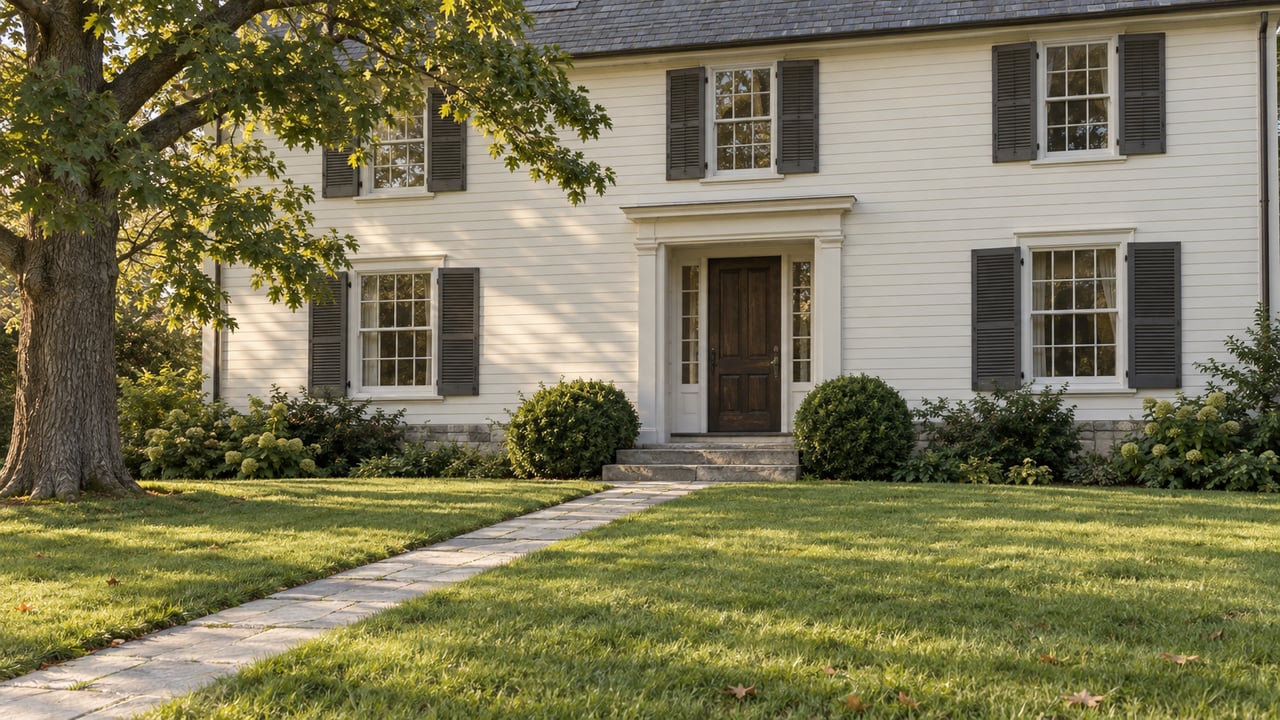 Two-story clapboard house beyond a deep lawn, with a stone path, paired windows, and a broad tree at left.