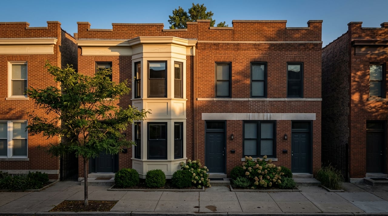 Red-brown brick rowhouses line a narrow sidewalk, their facades striped with long shadows beneath a leafy canopy.
