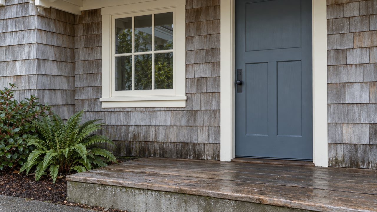Cottage entrance with a slate-blue door, six-pane window, weathered shingles, and ferns beside the foundation.