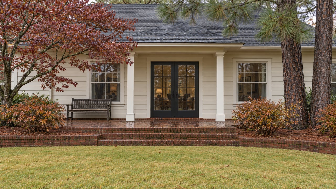 Cream-sided home with glazed garden doors, brick terrace and steps, autumn dogwood and mature longleaf pines beside a deep lawn.