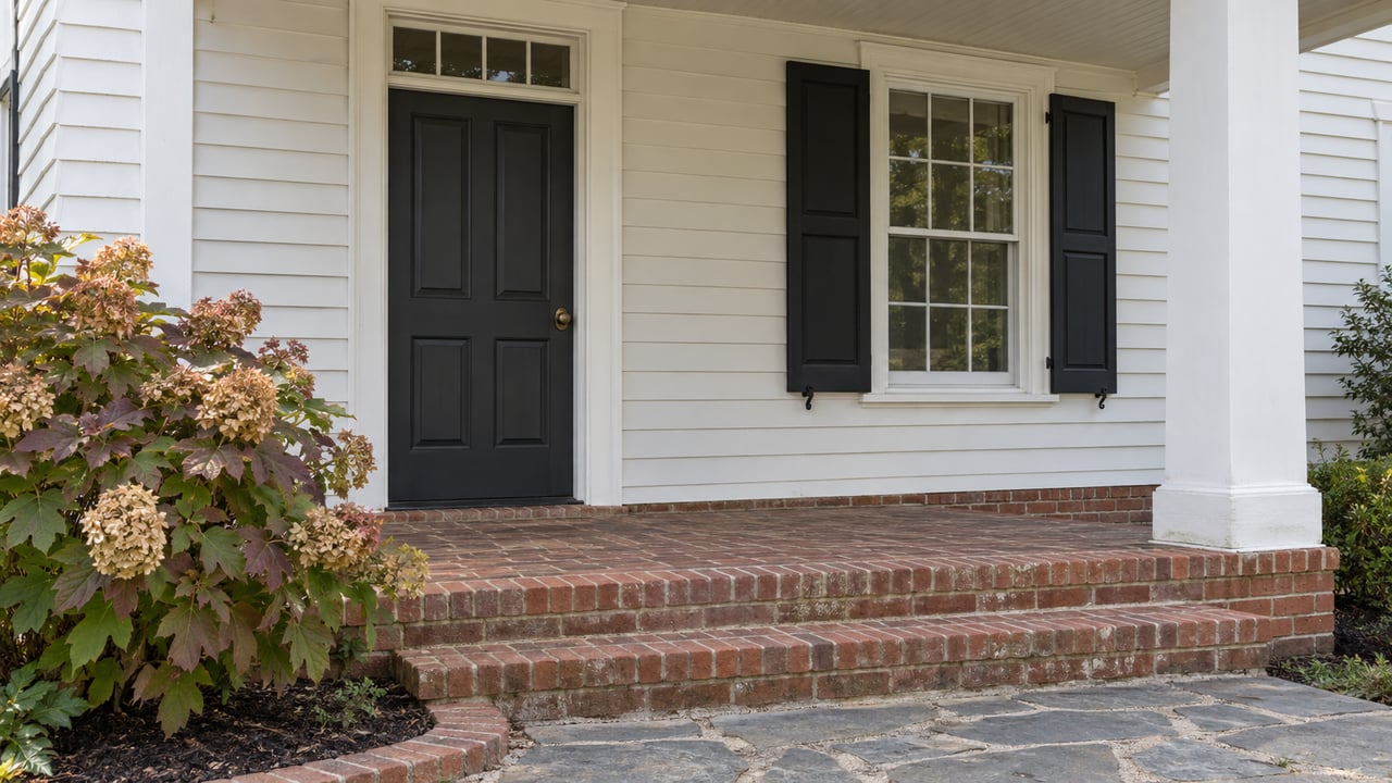 White clapboard porch with a charcoal door, shuttered window, weathered brick steps, and an oakleaf hydrangea beside a limestone approach.