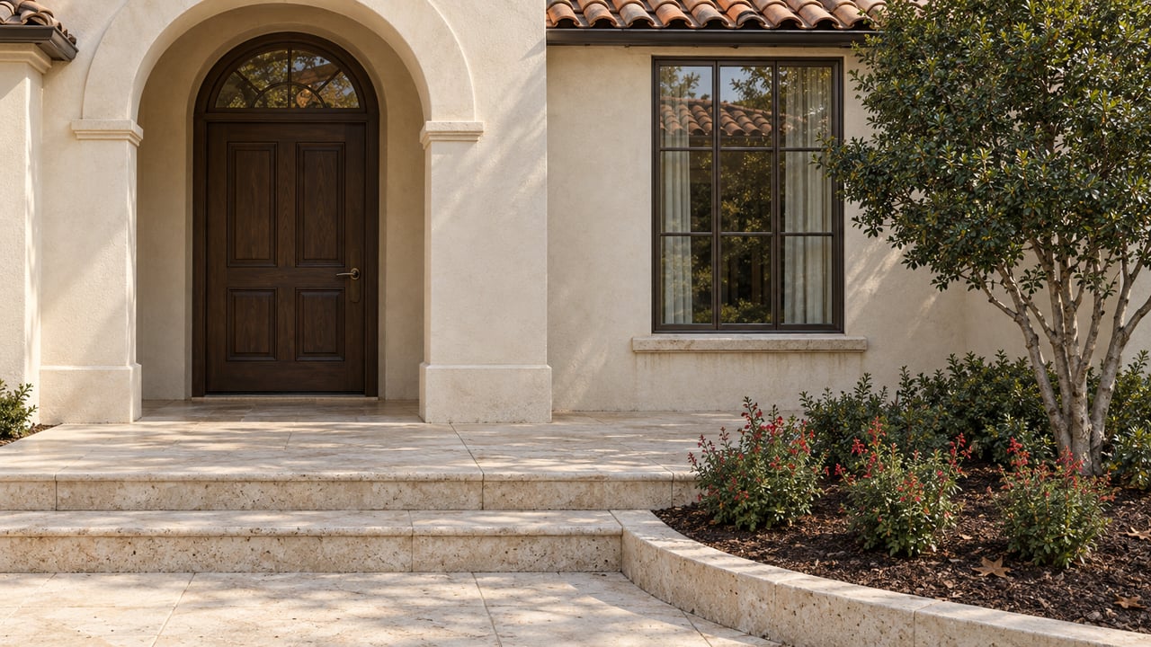 Cream stucco home entrance with an arched oak door, limestone steps, terracotta roof tiles, and a sculptural yaupon holly.