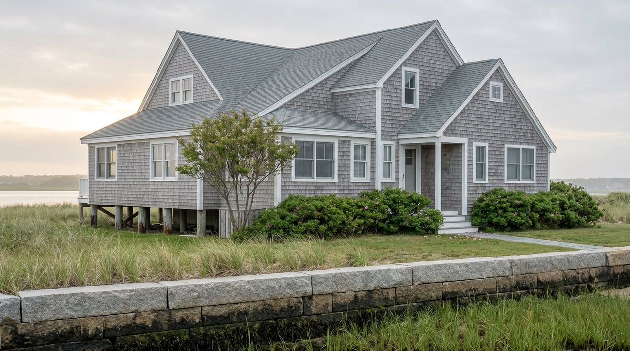 Elevated cedar-shingle coastal home on wooden piers, with a granite seawall, dune grass, and a gabled roof.