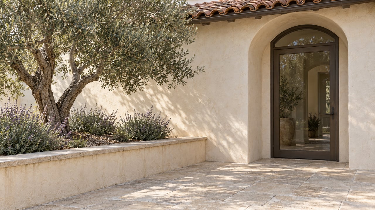 Weathered cream stucco entry with an arched bronze-framed glass door, limestone terrace and a mature olive tree in a raised planting bed.