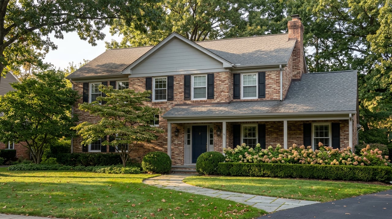 Two-story brick colonial with navy door, black shutters, mature oak, and a curving stone walk across the lawn.
