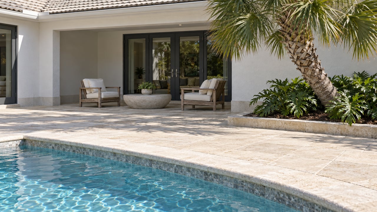 A sunlit pool corner and pale stone terrace face a white stucco home with dark glazed doors, teak seating, and a mature palm.