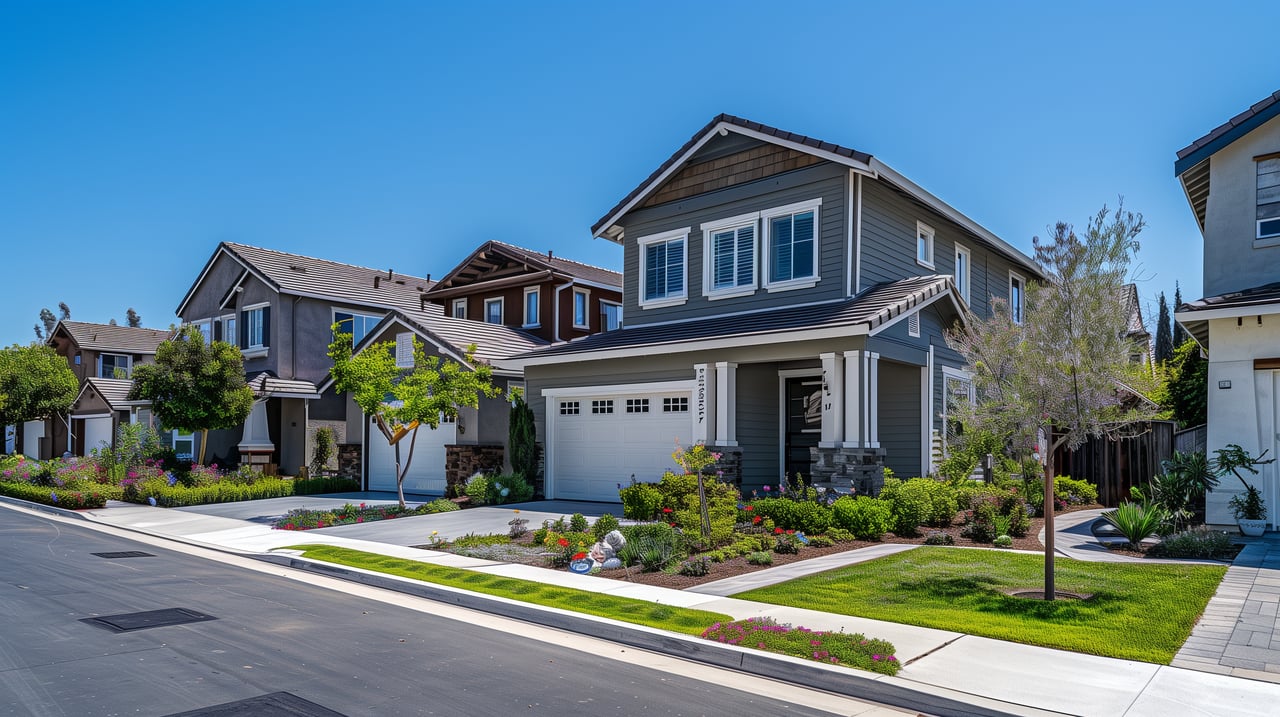 Gray two-story home with a two-car garage and landscaped front yard on a suburban street.