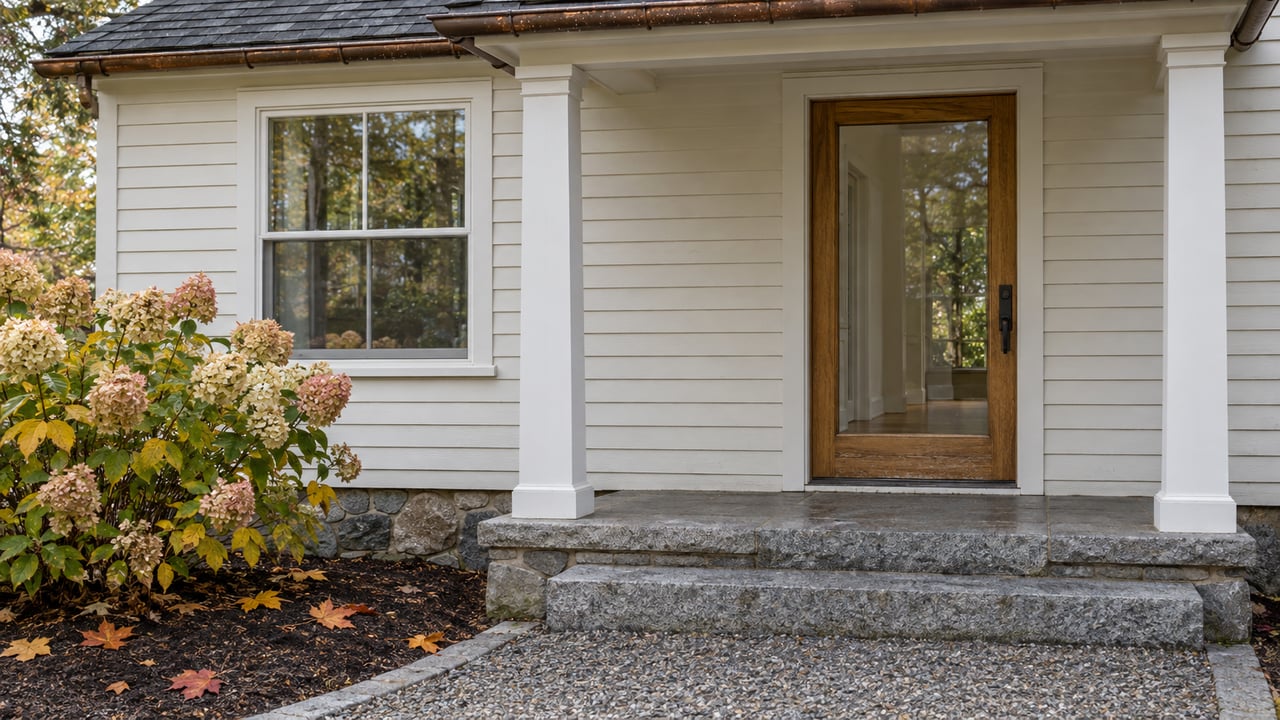 Off-white clapboard home with a glazed oak entry door, granite porch steps, fieldstone foundation and autumn hydrangea flowers.
