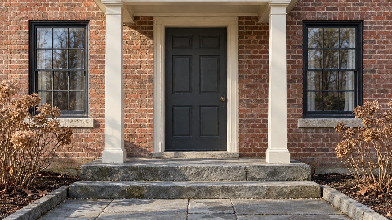 Winter sunlight across a red brick home's dark front door, paired windows, ivory portico and worn stone steps.