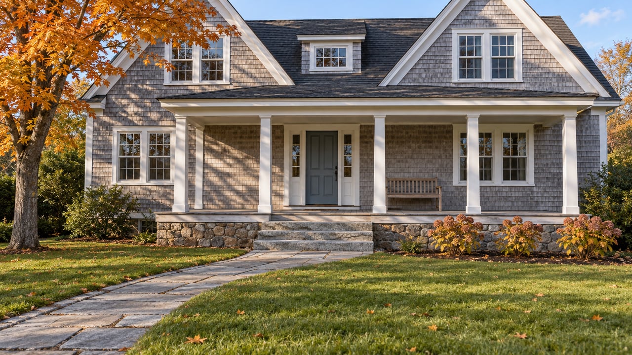 Silver-gray shingle house with white trim, a covered porch and granite walkway across an autumn lawn, framed by an orange-leaved maple.