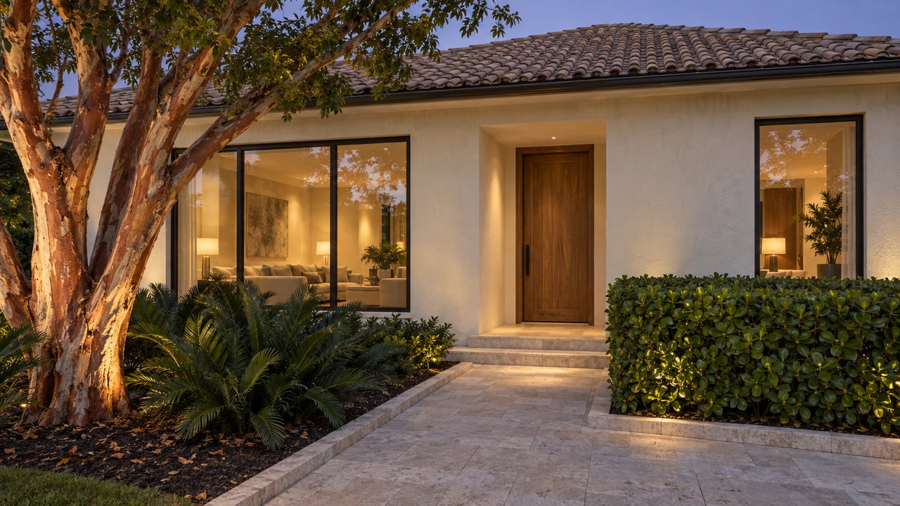 Cream stucco home with a wood entry, warmly lit windows, and a short stone walkway beneath a blue-hour sky.