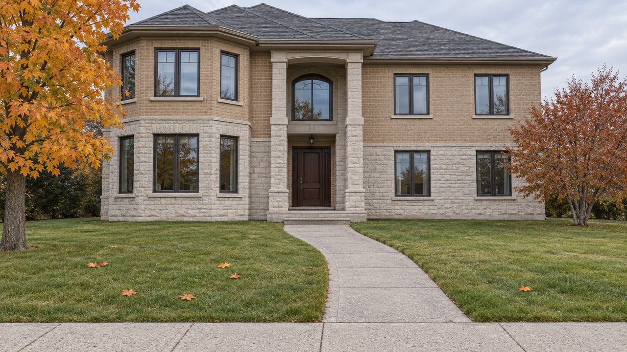 Two-storey brick and limestone home behind a deep autumn lawn, with an amber maple and a curved concrete approach.