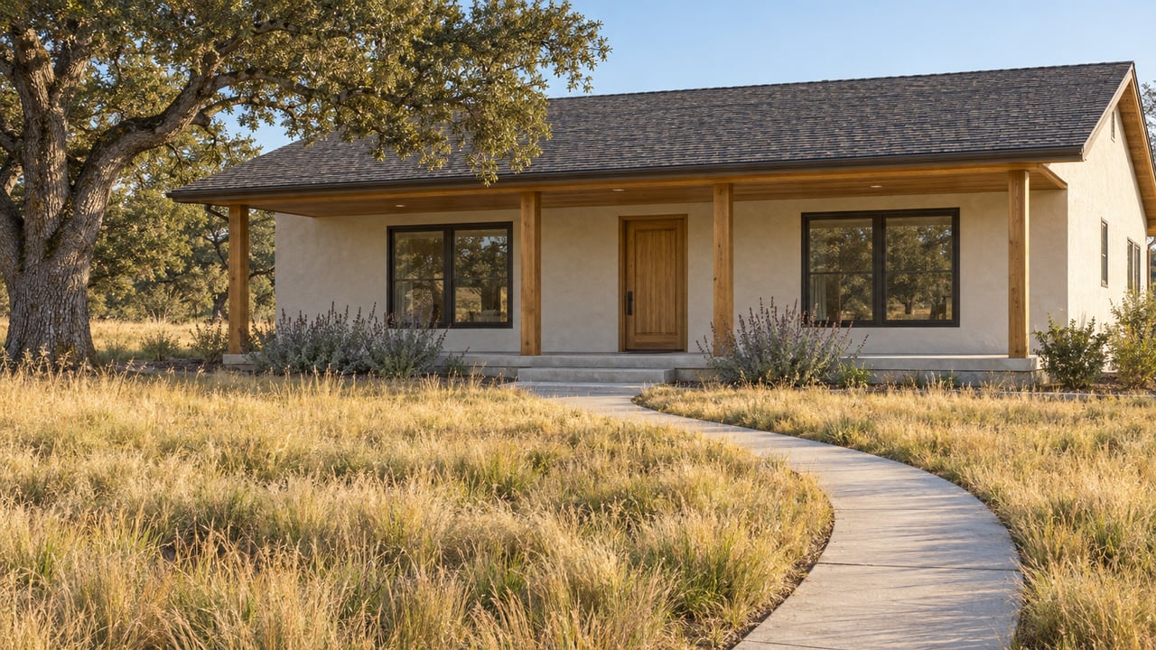 Low stucco ranch home with a shaded timber porch, dry meadow, curved concrete walk, and mature oak in morning sunlight.