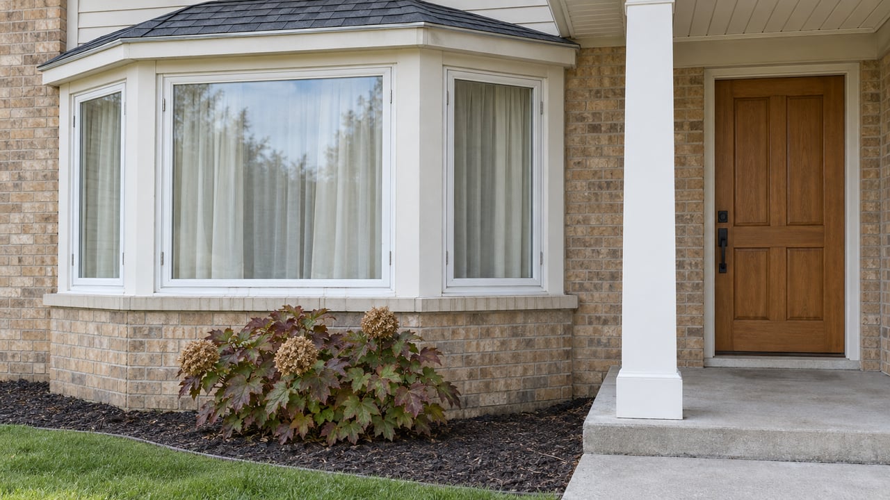 Buff-brick home with a white-framed bay window, covered porch, oak entry door and oakleaf hydrangea.
