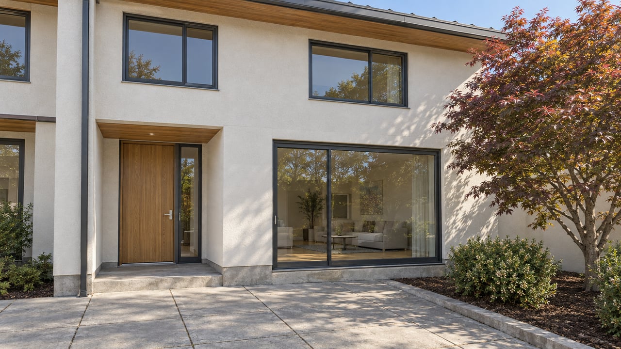 Contemporary attached home with warm stucco, oak entry door, broad closed glazing and a compact paved terrace beside a Japanese maple.
