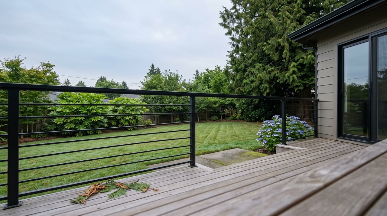 Cedar deck and black railing overlook a green lawn, with a mature cedar and flowering hydrangea beyond.