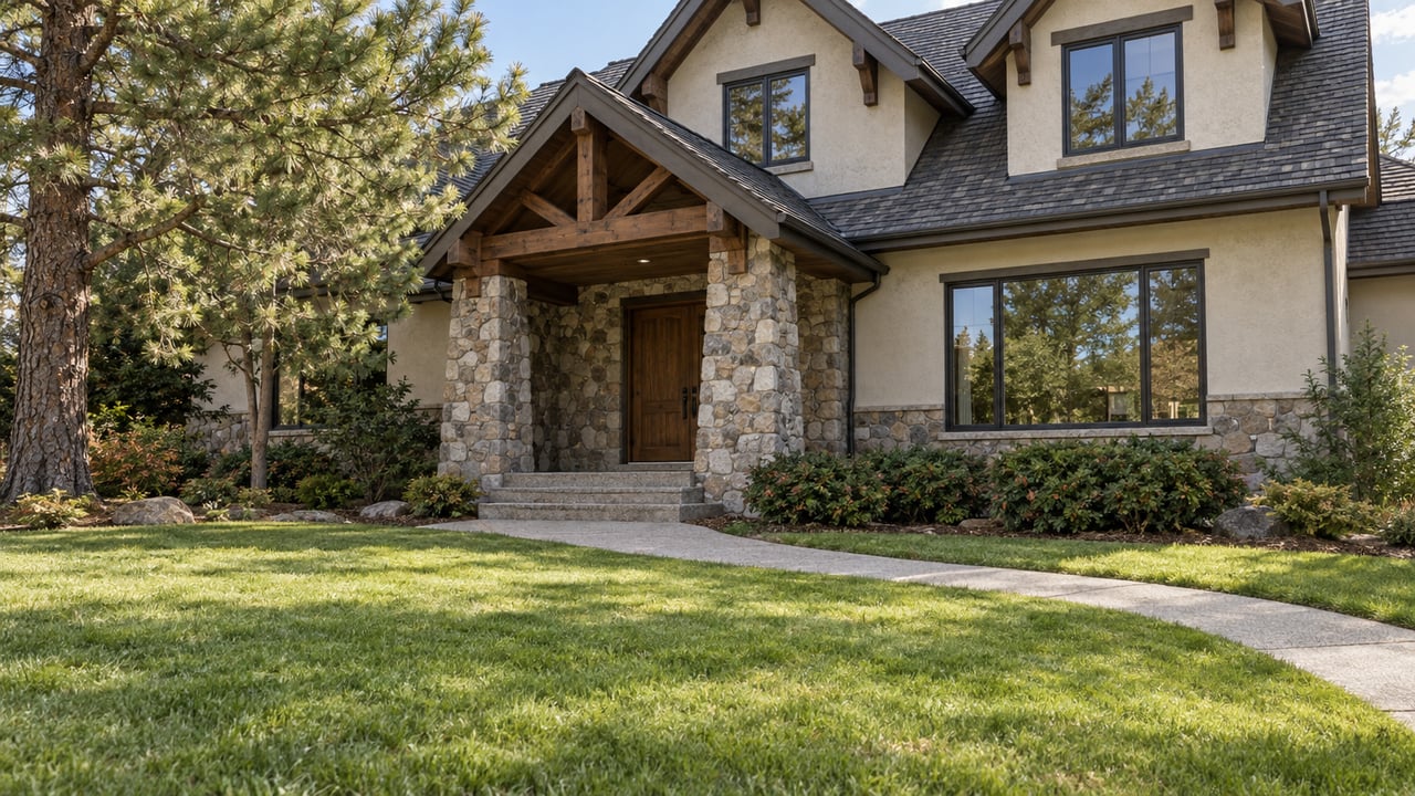 Stone-and-stucco house with steep gables, a deep front lawn, and a curved walk leading to a sheltered timber-trimmed entry.