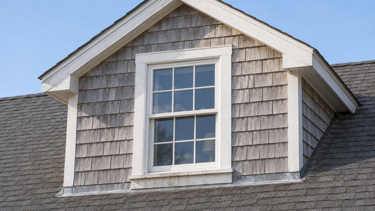 Close view of a weathered gray cedar dormer with white window trim above a charcoal shingle roof in clear morning light.