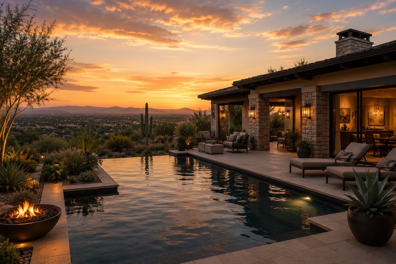 Private desert estate with a black-bottom pool, outdoor living spaces, and sweeping sunset views.