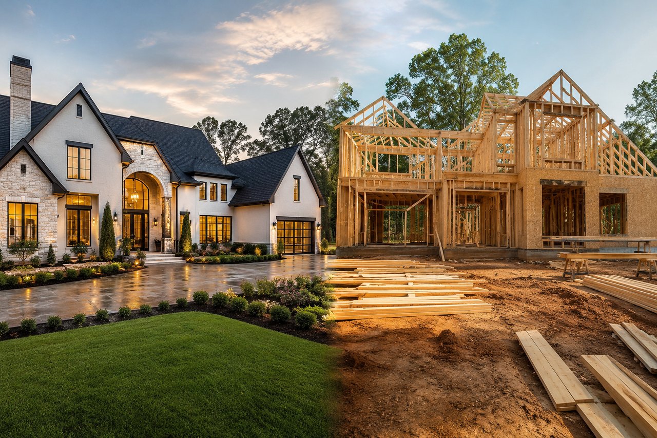 A completed luxury home beside a custom home under construction in Tennessee, illustrating the decision between buying an existing luxury property or building a custom home in Nashville, Franklin, Brentwood, or other Tennessee luxury real estate markets.