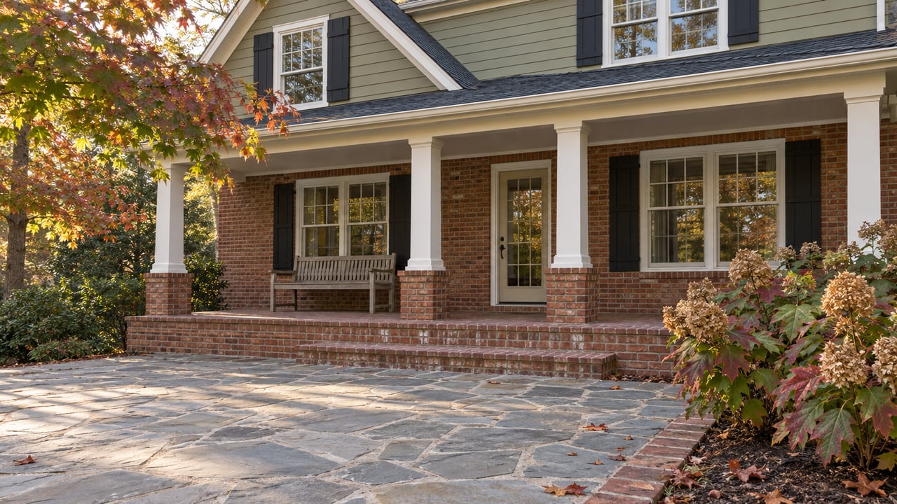 Brick and olive-sided traditional home with a covered rear porch, flagstone terrace, and autumn maple and oakleaf hydrangea planting.